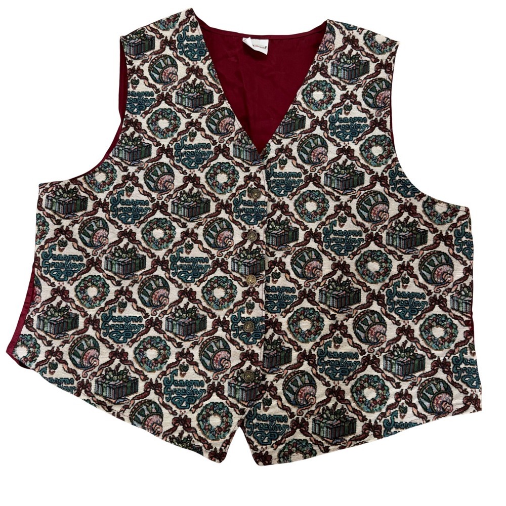 Bobbie Brooks Vtg Christmas Tapestry Vest Burgundy Wreath Gift Womens XL 16-18